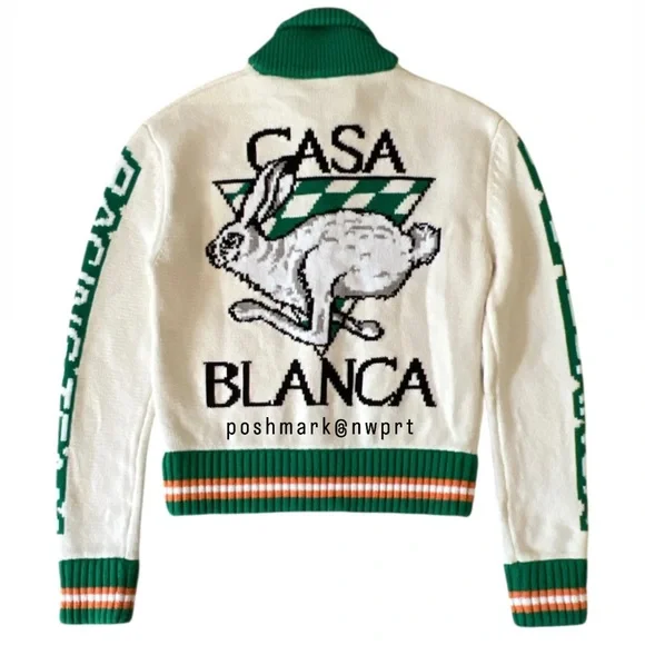 CASABLANCA 🐰 Casa Racing Knit Sweater Cardigan Off White Green Orange Rabbit XS - Picture 9 of 16